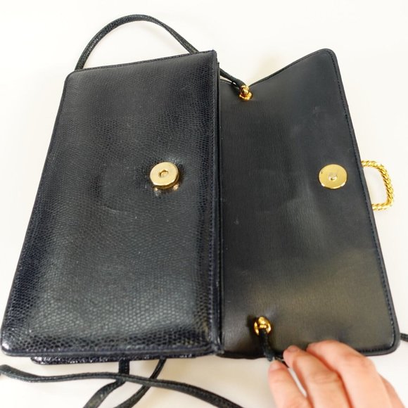 GIVENCHY Bag Leather Crossbody Purse Small Lizard VINTAGE Rare Dark Black Navy - Picture 8 of 12